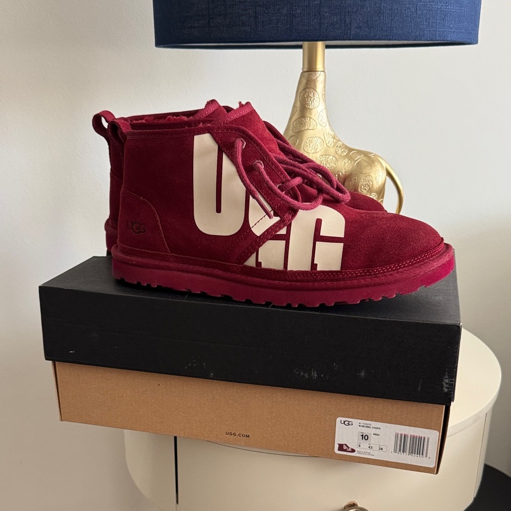 UGG Men's Burgundy Boots with Prominent Logo